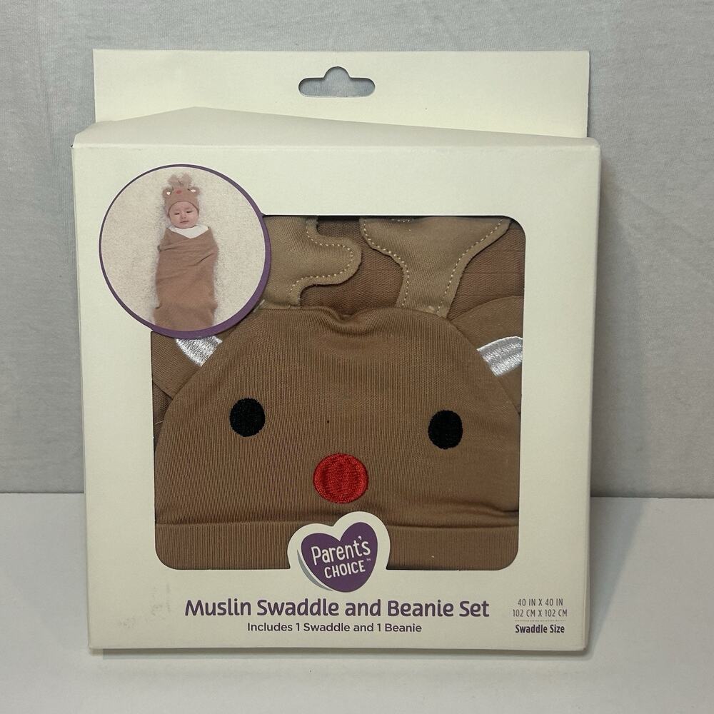Parents Choice Muslin Swaddle and Beanie Brown Cotton Reindeer Set For Babies